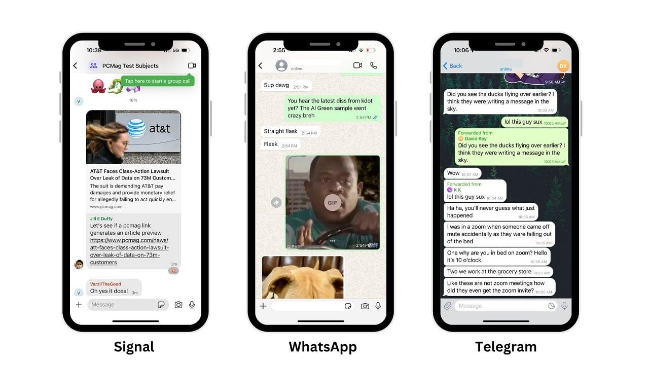 Examples of secure messaging apps being used on smartphones